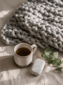 TruVaga device beside a cup of tea and cozy blanket for calming the nervous system